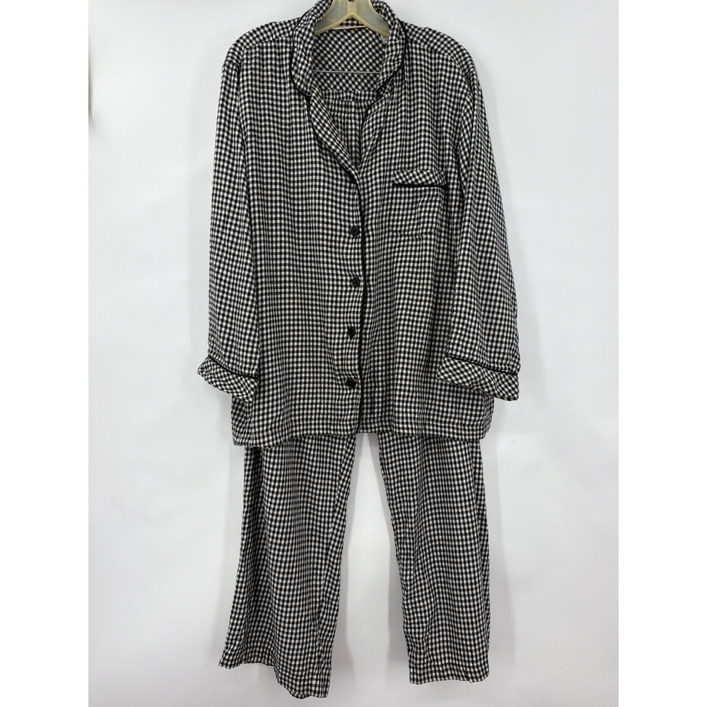 Lord & Taylor Black White Gingham Flannel Pajama Set XL 100% Cotton 2 Piece PJs